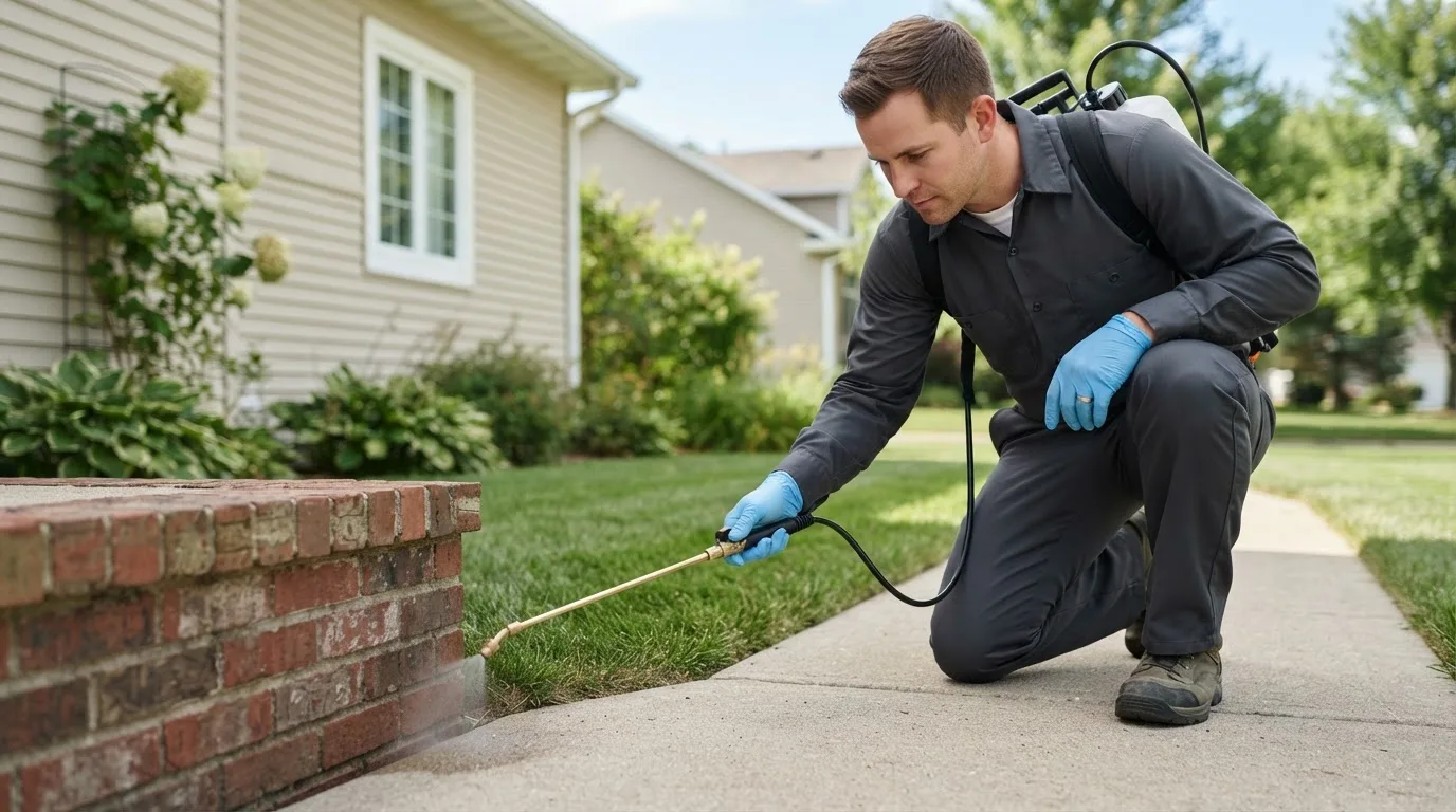Pest control technician treating a home near Portland, ND